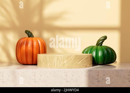 Happy Thauhksgiving Tag orange und grüne Kürbisse auf Marmortisch mit Holzpodium 3D Render. Stockfoto