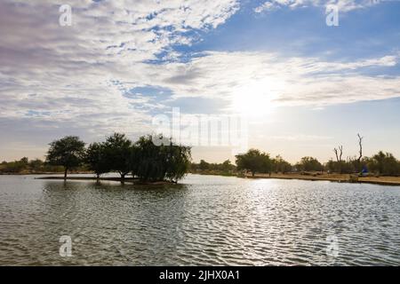 Ein Blick auf den See von den Al Qudra Seen Dubai Vereinigte Arabische Emirate. Stockfoto