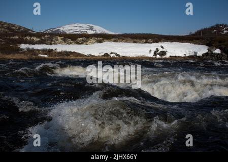 Der Fluss Driva fließt auf etwa 1000 Meter über dem Meeresspiegel durch das Dovrefjell-Gebirge in Mittelnorwegen Stockfoto