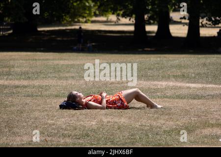 Frau beim Sonnenbaden in Green Park, London, während Großbritannien vom 16. Bis 19. Juli 2022 eine extreme Hitzewelle erlebte. Stockfoto