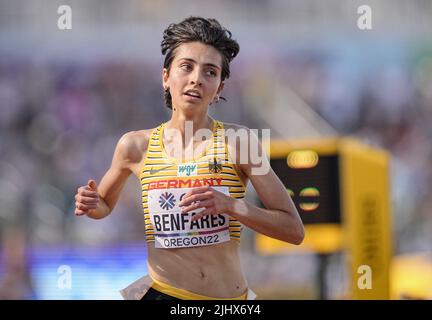 Eugene, USA. 20.. Juli 2022. Leichtathletik: Weltmeisterschaft, 5000m round1, Sara Benfares aus Deutschland. Quelle: Michael Kappeler/dpa/Alamy Live News Stockfoto