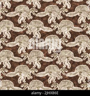 Braun handgezeichnete Spinosaurus fossile Knochen Dinosaurier nahtloses Muster. Geschlechtsspezifische neutrale jurassische Silhouette für die Babykrippe. Home Dekor für Museum Stockfoto