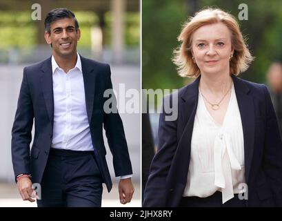 Undatierte Dateifotos von Rishi Sunak und Liz Truss, die es bis zu den letzten beiden im Tory-Leadership-Rennen geschafft haben. Stockfoto