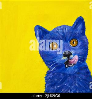 Abstraktes Gemälde von niedlichen blauen Katze auf gelbem Hintergrund.Moderne Impressionismus, Moderne, Marinismus Stockfoto