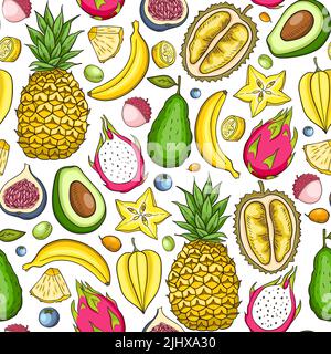 Sommerlich tropisches Nahtloses Muster mit reifen saftigen Früchten. Handgezeichneter Hintergrund. Ananas, Banane, Durian, Avocado auf weißem Hintergrund Stockfoto