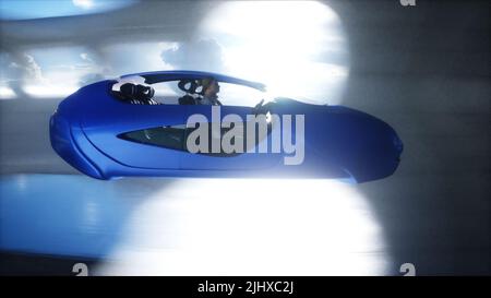 Futuristischer Science-Fiction-Tunnel. Fliegendes futuristisches Auto. 3D Rendern. Stockfoto