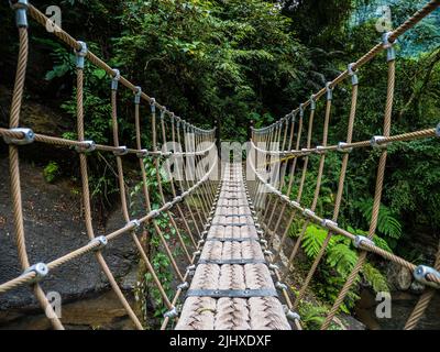 Kleine Hängebrücke über den Bach in Wulai, Taiwan Stockfoto