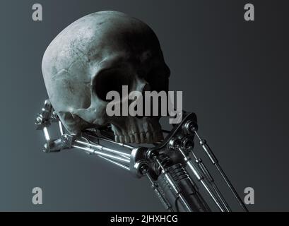 Ein futuristisches Konzept einer mechanischen Metallroboter-Hand, die einen menschlichen Schädel auf einem dunklen ominösen Hintergrund hält und analysiert - 3D Render Stockfoto