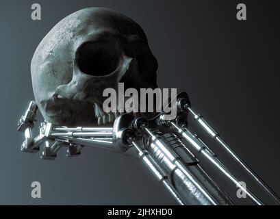Ein futuristisches Konzept einer mechanischen Metallroboter-Hand, die einen menschlichen Schädel auf einem dunklen ominösen Hintergrund hält und analysiert - 3D Render Stockfoto