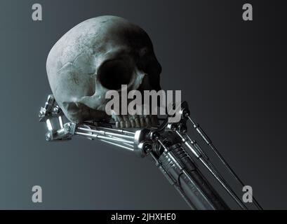 Ein futuristisches Konzept einer mechanischen Metallroboter-Hand, die einen menschlichen Schädel auf einem dunklen ominösen Hintergrund hält und analysiert - 3D Render Stockfoto