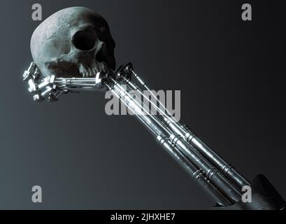 Ein futuristisches Konzept einer mechanischen Metallroboter-Hand, die einen menschlichen Schädel auf einem dunklen ominösen Hintergrund hält und analysiert - 3D Render Stockfoto