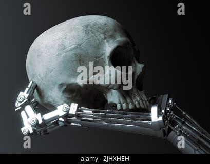 Ein futuristisches Konzept einer mechanischen Metallroboter-Hand, die einen menschlichen Schädel auf einem dunklen ominösen Hintergrund hält und analysiert - 3D Render Stockfoto