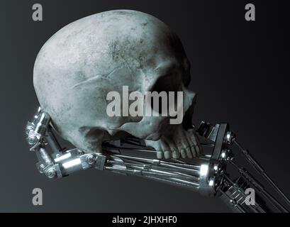 Ein futuristisches Konzept einer mechanischen Metallroboter-Hand, die einen menschlichen Schädel auf einem dunklen ominösen Hintergrund hält und analysiert - 3D Render Stockfoto