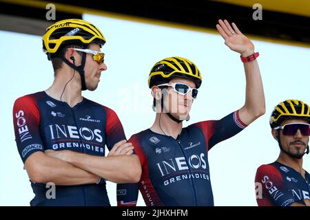 Hautacam, Frankreich, 21.. Juli 2022. Geraint Thomas aus Großbritannien und INEOS Grenadiers blicken auf die Etappe 18 der Tour De France, Lourdes bis Hautacam. Quelle: Alex Broadway/Alamy Live News Stockfoto