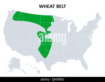 Weizengürtel der Vereinigten Staaten, politische Landkarte. Teil der nordamerikanischen Great Plains, wo Weizen die dominierende Ernte ist. Stockfoto
