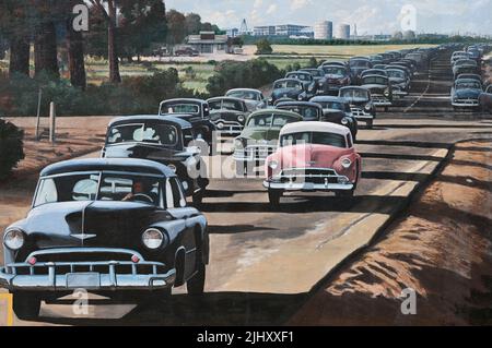 Historische Motive an einer Wand am Ohio River, Paducah, Kentucky, Vereinigte Staaten von Amerika Stockfoto