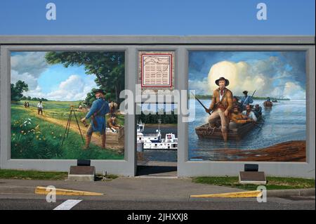 Historische Motive an einer Wand am Ohio River, Paducah, Kentucky, Vereinigte Staaten von Amerika Stockfoto