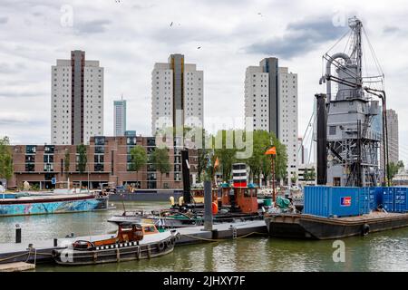 Alte Harbar Leuvehaven in Rotterdam, mit im Hintergrund die Wohntürme Clipper, Galjoen und Schoener, Rotterdam, Niederlande