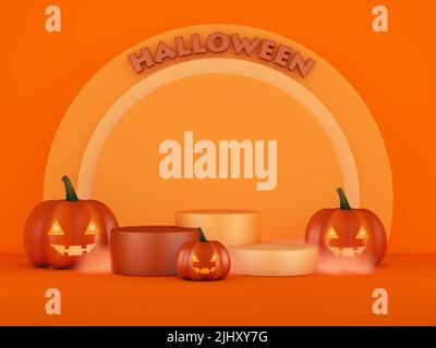 Oranges Podium aus drei Zylindern mit halloween-Schild und drei Kürbissen. 3D Rendern. Stockfoto