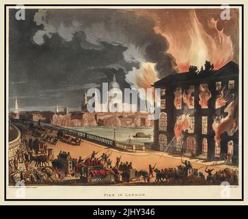 FEUER IN LONDON 1791 Feuer in Albion Mill, Blackfriars Bridge. Die Albion-Mühle war eine der frühesten Eisenwerke, die 1769 nach dem Entwurf von Robert Mylne fertiggestellt wurde.der Brand ereignete sich am 3. März 1791. William Henry Pyne Beschreibung 'Fire at Albion Mill'. Künstler Thomas Rowlandson (1756–1827) Autor:Thomas Rowlandson Augustus Charles Pugin (–1832) Stockfoto