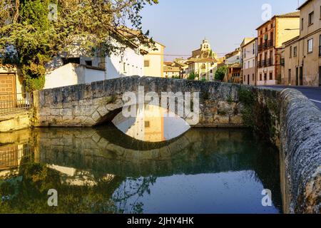 Der Douro-Fluss fließt durch das hübsche mittelalterliche Dorf San Esteban de Gormaz in Soria, Spanien. Stockfoto