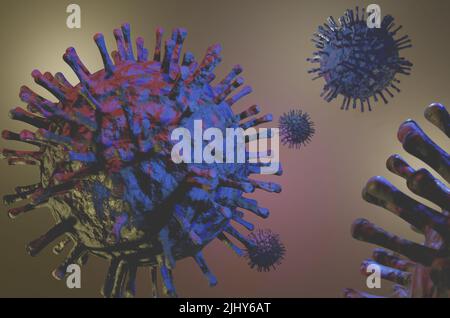 Coronavirus close up, Illustration zeigt Struktur des epidemischen Virus. Mikroskopische Ansicht von schwimmenden Grippevirus-Zellen. 3D Rendern. Stockfoto