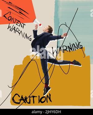 Collage zeitgenössischer Kunst. Junger Mann, der Warnausrufe auf dem Megaphon macht Stockfoto