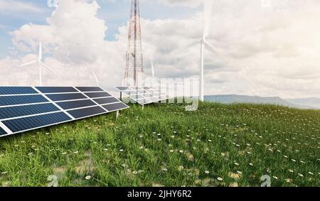 Windmühle mit Sonnenkollektoren auf kleinem Hügel, Green Power und Green Energy Konzept, 3D Abbildungen Rendering Stockfoto