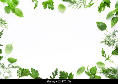 Frische grüne Kräuter. Rahmen aus frischem Basilikum, Dill, Salbei, Petersilie, Rucola auf weißem Hintergrund. Gesunde Ernährung. Draufsicht. Modell. Speicherplatz kopieren. Stockfoto