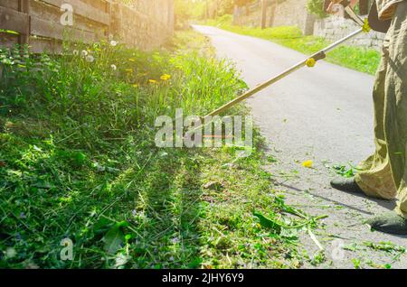 Der kabellose Gartentrimmer mäht das Gras in der Nähe des Zauns Stockfoto