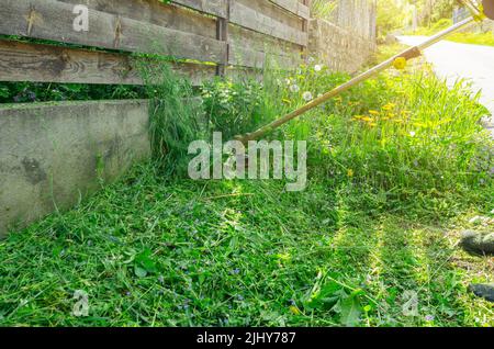 Der kabellose Gartentrimmer mäht das Gras in der Nähe des Zauns Stockfoto