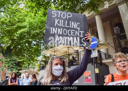 London, England, Großbritannien. 21.. Juli 2022. Ein Protestler hält ein Schild mit der Aufschrift „'Stoppt das Töten unschuldiger Tiere'“. Aktivisten versammelten sich vor dem DEFRA (dem Ministerium für Umwelt, Ernährung und ländliche Angelegenheiten), um gegen die anhaltende Dachsausrottung zu protestieren, die Teil der Politik der britischen Regierung gegen die Ausbreitung von Rindertuberkulose ist. Wissenschaftler und Aktivisten bestehen darauf, dass die Tötung der Wildtiere unnötig, grausam und ineffektiv gegen die Ausbreitung von RinderTB ist. (Bild: © Vuk Valcic/ZUMA Press Wire) Stockfoto