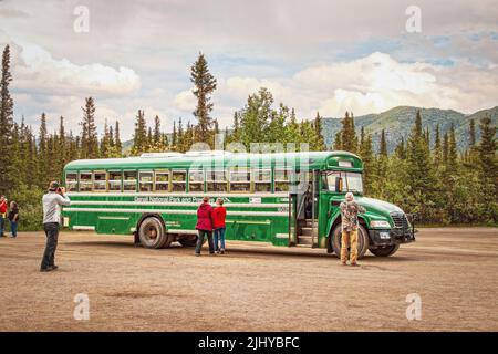 06-22-2002 Denali Alaska USA - Grüner Transitbus im Denali Nationalpark mit Touristen - einer fotografiert - und immergrünen Bäumen und Bergen in b Stockfoto