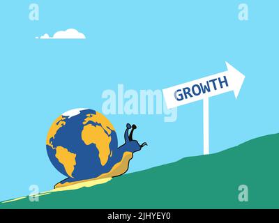 Eine Vektormetapher zur Verlangsamung des globalen Wachstums. Eine Schnecke mit einem Globus auf dem Rücken geht langsam einen holprigen Hügel hinauf Stockfoto