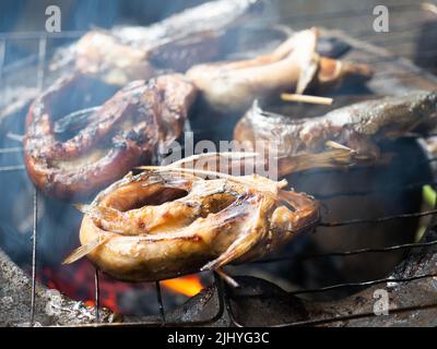 Bild von Wels, die auf einem Rauchprozess, die den Geschmack mehr lecker machen Stockfoto