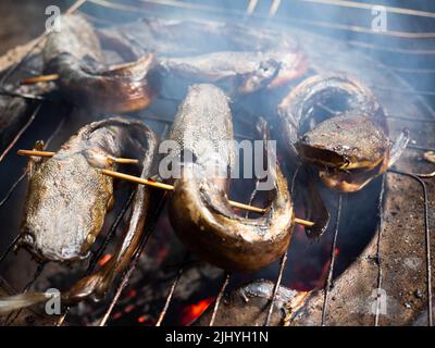 Bild von Wels, die auf einem Rauchprozess, die den Geschmack mehr lecker machen Stockfoto