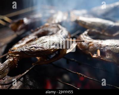 Bild von Wels, die auf einem Rauchprozess, die den Geschmack mehr lecker machen Stockfoto