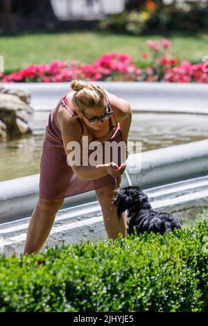 Die Frau kühlt ihren Hund am 21. Juli 2022 in einem Brunnen im Zrinjevac Park in Zagreb, Kroatien, ab. Die zweite Hitzewelle betraf heute einen Teil Kroatiens, und bis Samstag wird sie den Großteil des Landes betreffen. Der Kroatische Wetterdienst und Hydrologischer Dienst gab bekannt, dass die Tagestemperaturen auf dem Höhepunkt der Hitzewelle zwischen 35 und 40 Grad Celsius liegen werden Foto: Tomislav Miletic/PIXSELL Stockfoto