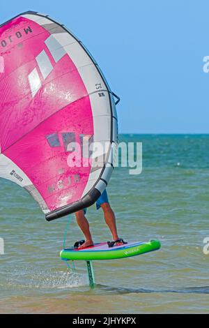 Wing Foiling / Wing Surfing an der Nordsee zeigt Wingboarder / Wing Boarder stehen auf Foilboard / Tragflügelbrett und halten einen aufblasbaren Flügel Stockfoto