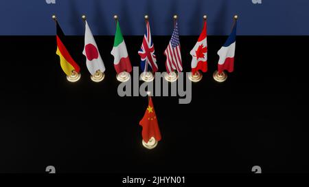 G7 Länder gegen China, Flaggen von Mitgliedern der G7 Gruppe von sieben und Liste der Länder und China Flagge. Gruppe der Sieben. 3D Illustration und 3D Arbeit Stockfoto