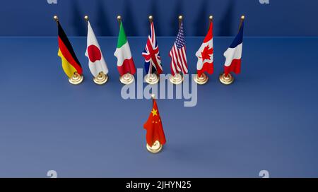 G7 Länder gegen China, Flaggen von Mitgliedern der G7 Gruppe von sieben und Liste der Länder und China Flagge. Gruppe der Sieben. 3D Illustration und 3D Arbeit Stockfoto