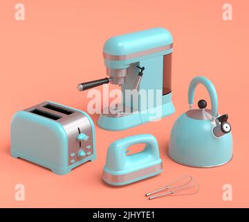 Espressomaschine, Handmixer, Wasserkocher und Toaster für die Zubereitung des Frühstücks auf korallenfarbenem Hintergrund. 3D Render der Kaffeekocher für Latte-Kaffee Stockfoto