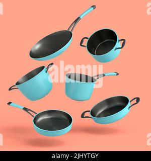 Set aus fliegendem Stewpot aus Edelstahl, Bratpfanne und Kochgeschirr aus verchromtem Aluminium auf korallenfarbenem Hintergrund. 3D Render von antihaftbeschichteter Küchenutensilien Stockfoto
