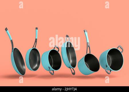 Set aus fliegendem Stewpot aus Edelstahl, Bratpfanne und Kochgeschirr aus verchromtem Aluminium auf korallenfarbenem Hintergrund. 3D Render von antihaftbeschichteter Küchenutensilien Stockfoto