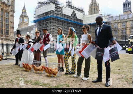 London, Großbritannien. Aktivisten der Humane League riefen die Regierung dazu auf, „Käfig Geschichte zu machen!“ 200 Jahre sind seit dem ersten Tierschutzgesetz des Vereinigten Königreichs vergangen, und doch bleiben Legehennen in Käfigen. Stockfoto