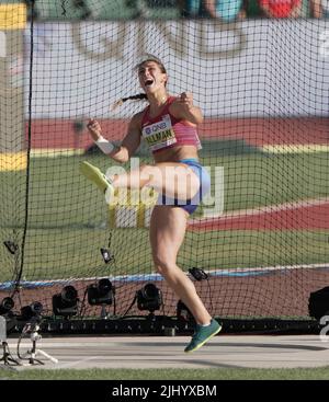 Eugene,, 20 Jul 2022 Valarie Allman (USA) bei den Leichtathletik-Weltmeisterschaften im Hayward Field Eugene USA am 20 2022. Juli in Aktion gesehen Alamy Live News Stockfoto