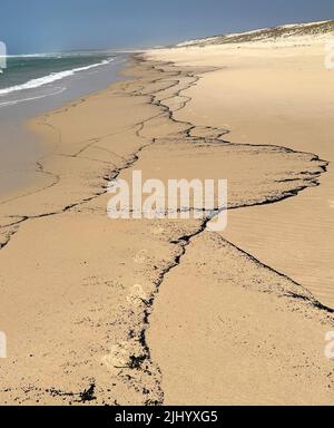 Biscarrosse, Frankreich. 21.. Juli 2022. Am Strand von Biscarosse Plage, etwa 80 Kilometer südwestlich von Bordeaux, spülen sich Asche und verbrannte Holzpartikel ab, nachdem es in der Region zuvor mehrere Pinsel- und Waldbrände gegeben hatte. Quelle: Holger Mehlig/dpa/Alamy Live News Stockfoto