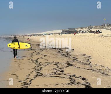 Biscarrosse, Frankreich. 21.. Juli 2022. Asche und verbrannte Holzpartikel waschen sich am Strand von Biscarosse Plage, etwa 80 Kilometer südwestlich von Bordeaux, nachdem sich in der Region früher mehrere Pinsel- und Waldbrände ereignet hatten. Quelle: Holger Mehlig/-/dpa/Alamy Live News Stockfoto