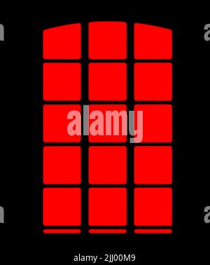 Oldwindow. Grafik eines rot-schwarzen Fensterdesigns für Kopierflächen und Werbung. Illustration eines gruseligen Fensterumrisses mit einem geheimnisvollen Stockfoto