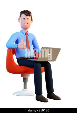3D Mann mit Laptop sitzt auf einem Stuhl und stimmt mit dem Daumen nach oben zu Stockfoto